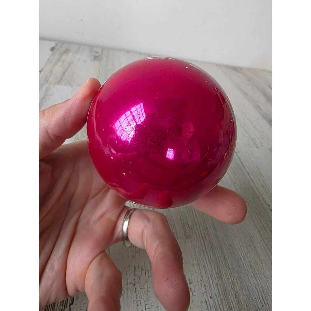Vintage reindeer pink stencil sleigh Santa shiny Brite ornament glass Xmas tree